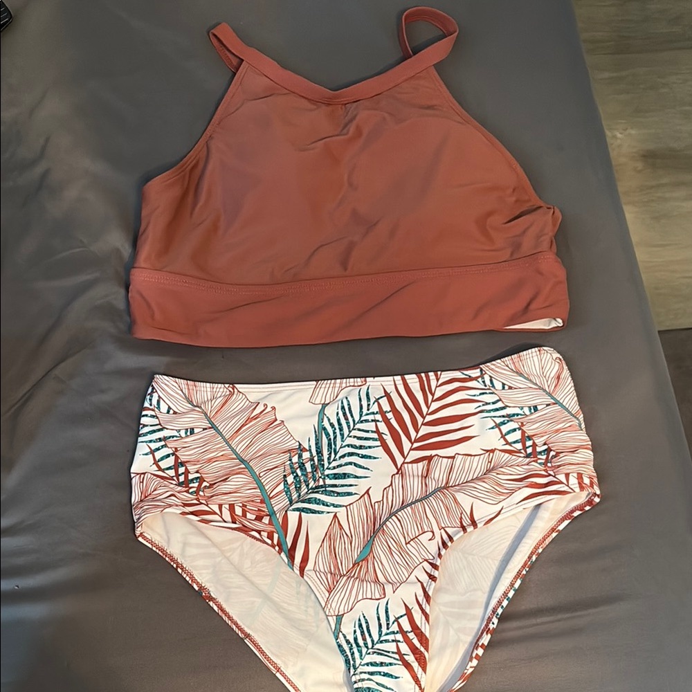 Rust Bikini Top and Leaf Print Bottoms